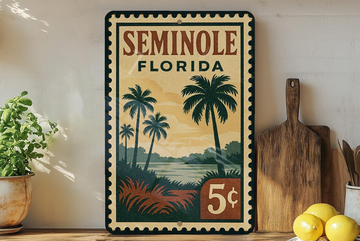 Seminole Florida Metal Sign Featuring Retro Postage Stamp Design With Palm  Trees and Coastal Scenery Dcor - Etsy