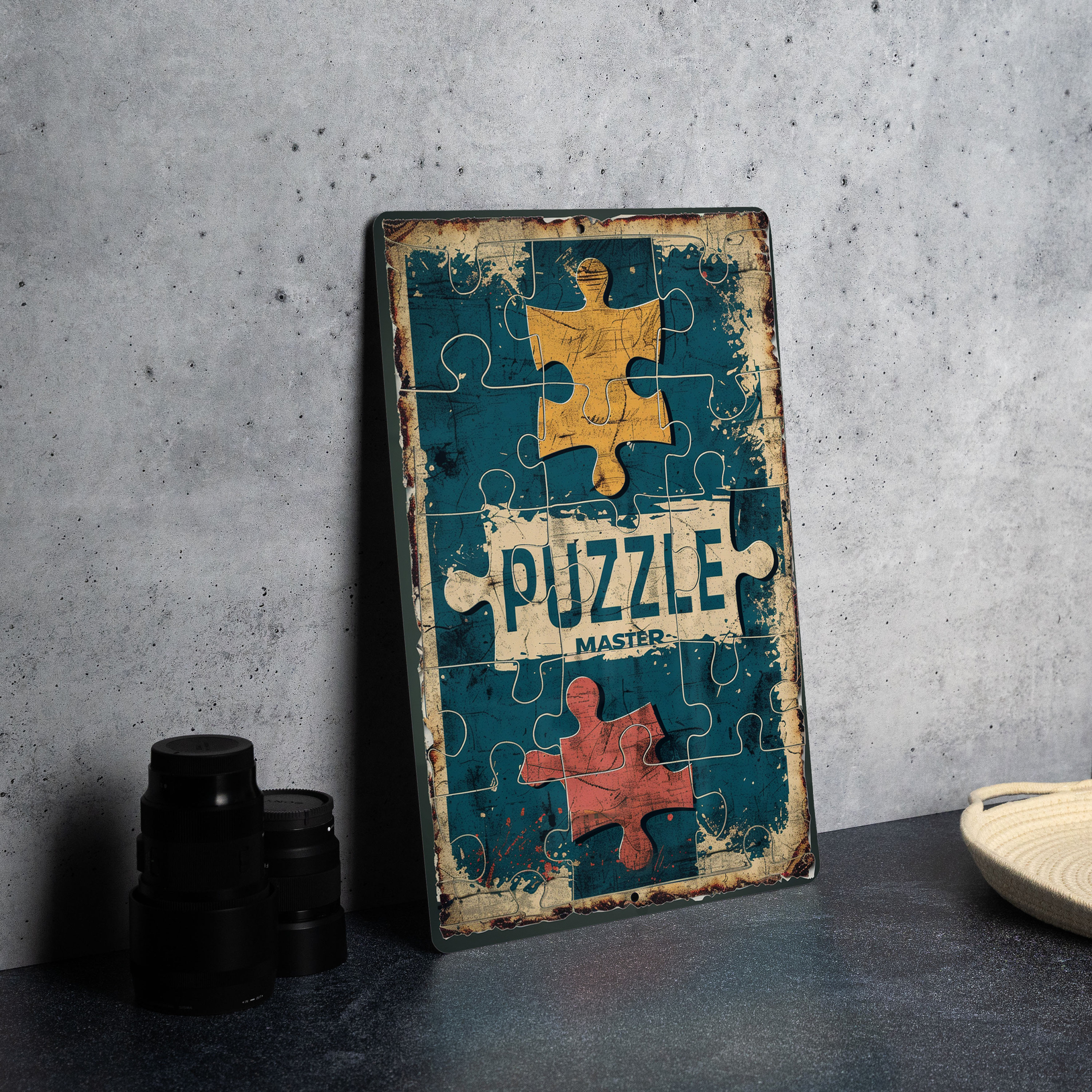 Puzzle Master Vintage Metal Sign, Retro Colors, Playful Font, Game ...