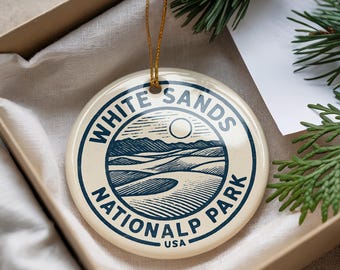 White Sands National Park Ornament – Circular Stamp Style Ceramic Keepsake, Southwest Travel Gift, Nature Lover Decor