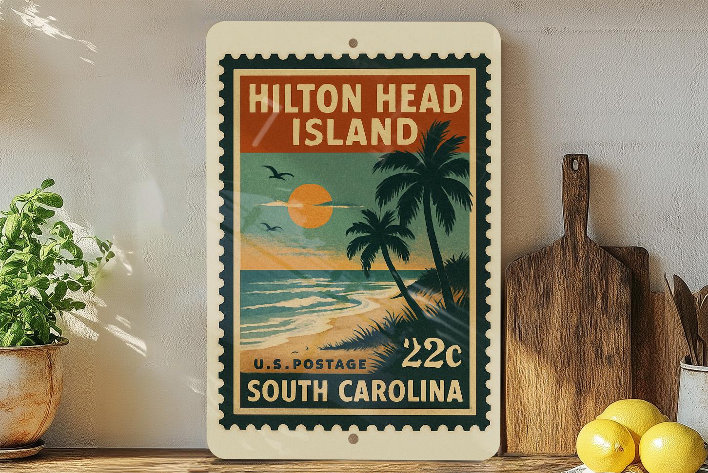 Hilton Head Island Souvenir Metal Sign – Retro Postage Stamp