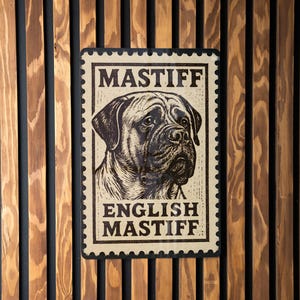 English Mastiff Metal Sign – Vintage Stamp Style Dog Wall Art, Rustic Farmhouse Pet Decor, Large Breed Lover Gift