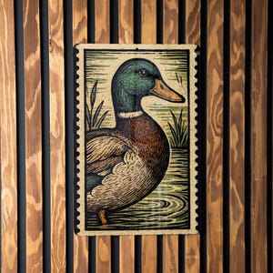 Mallard Duck Stamp Style Metal Sign – Rustic Wall Art for Cabin, Lodge, Lake House Decor, Vintage Wildlife Print