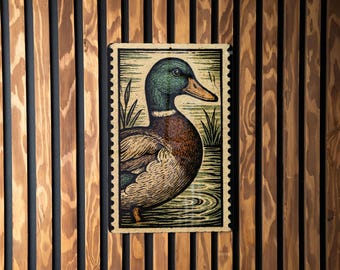 Mallard Duck Stamp Style Metal Sign – Rustic Wall Art for Cabin, Lodge, Lake House Decor, Vintage Wildlife Print