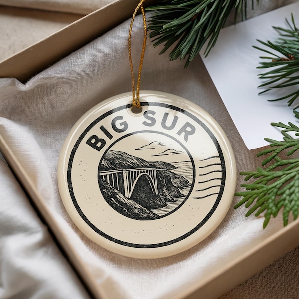 Big Sur USA Ceramic Ornament – Circular Postal Cancellation Seal with Iconic Big Sur Landmark Design