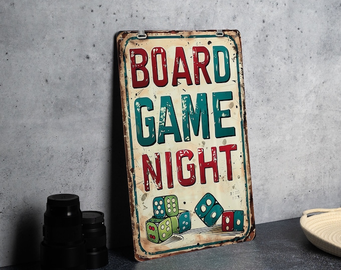 Board Game Night Vintage Metal Sign - Retro Colors, Playful Font, Game Frame, Board Game Pieces Illustration, Gift Idea