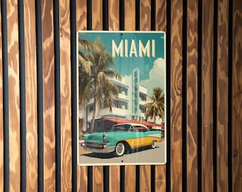 Retro Miami Travel Poster Style Tin Sign – Vintage Florida Wall Decor, Decorative Metal Sign for Home or Bar