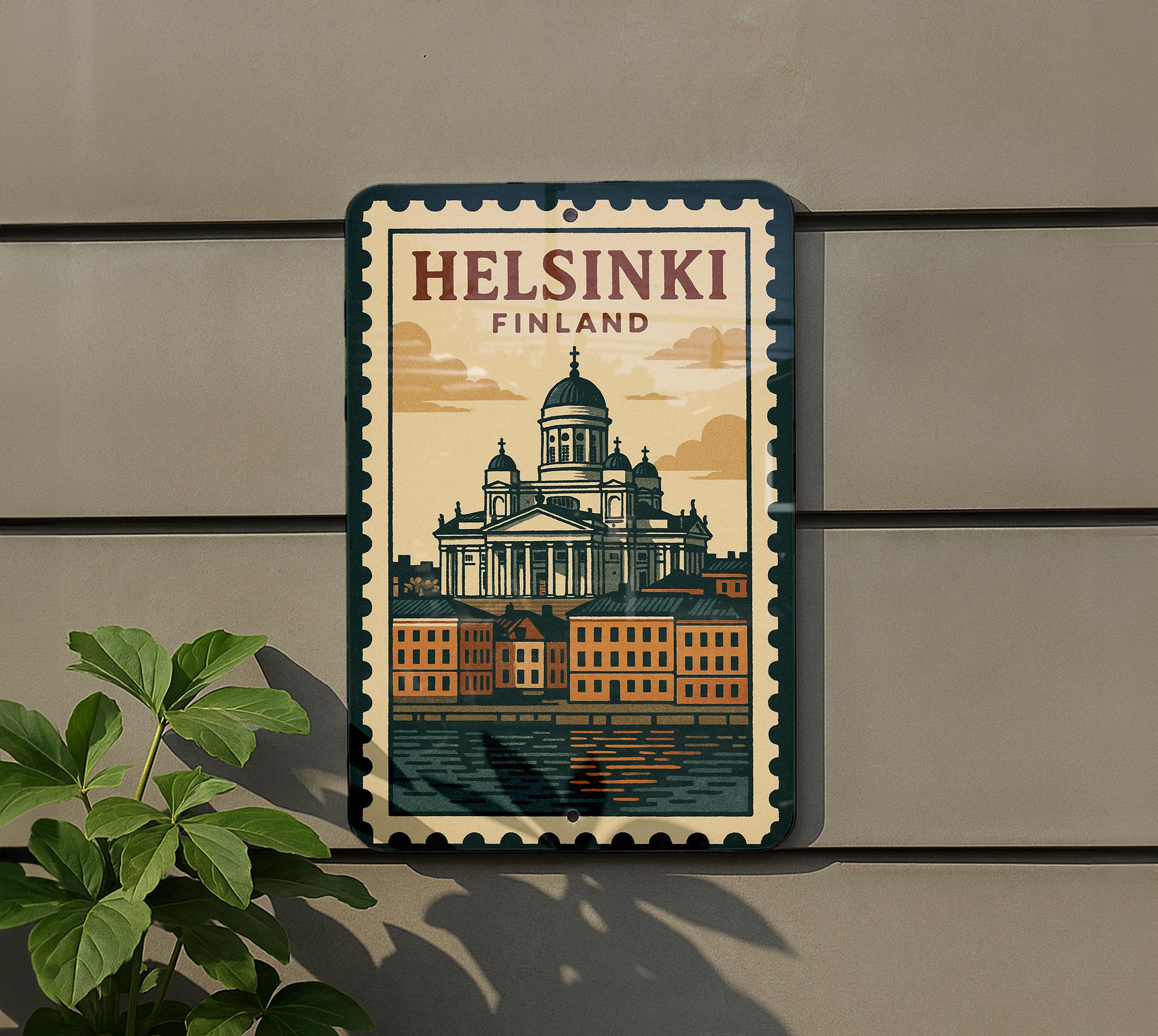Helsinki Finland Metal Sign – Vintage Stamp Style Wall Art, Retro