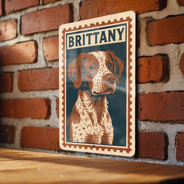 Brittany Dog Metal Sign – Vintage Stamp Style Wall Art, Hunting Dog Decor, Rustic Tin Sign for Cabin or Kennel