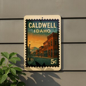 A vintage-style postage stamp from Caldwell, Idaho, featuring a street scene with buildings and a street lamp.