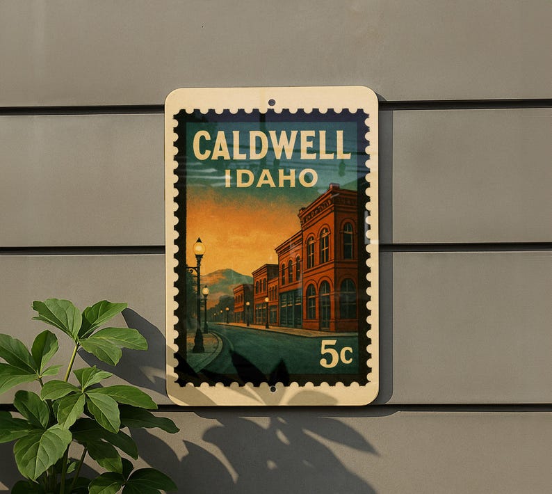 A vintage-style postage stamp from Caldwell, Idaho, featuring a street scene with buildings and a street lamp.