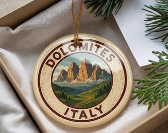 Dolomites Italy Ceramic Ornament – Circular Stamp Style Mountain Art, Travel Souvenir, Rustic Holiday Decoration