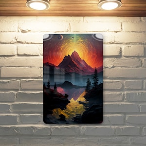 May include: A digital painting of a mountain range with a lake in the foreground. The sky is a vibrant orange and yellow with a swirling pattern. The mountains are a dark green and brown with a few trees scattered around the base. The lake is a deep blue with a reflection of the sky and mountains.