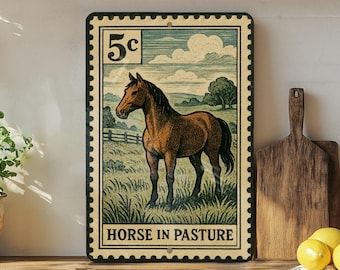 Horse in Pasture Metal Sign – Rustic Farmhouse Wall Art, Vintage Western Decor, Horse Lover Gift, Stamp Style Barn Sign