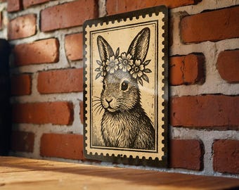 Bunny Flower Crown Metal Sign – Rustic Farmhouse Wall Art, Cute Spring Bunny Decor, Vintage Animal Illustration Plaque