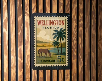 Wellington Florida Metal Sign Featuring Retro Postage Stamp Design with Palm Trees and Equestrian Theme Décor