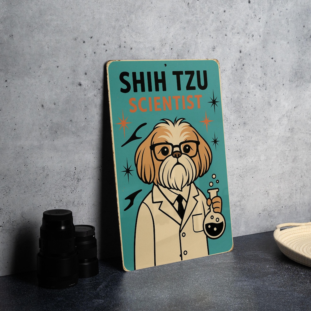 Atomic Shih Tzu Scientist Tin Sign – Retro Turquoise & Coral Starburst ...