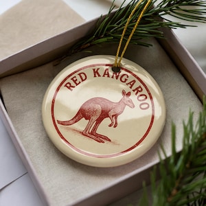 Red Kangaroo Ceramic Ornament – Australian Wildlife Circular Stamp Art – Outback Animal Christmas Tree Decoration