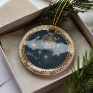 May include: Round ceramic Christmas ornament with a celestial design. The ornament features a dark blue background with stars and a building illustration. The word "PLEIADES" is written on the bottom. The ornament is in a gift box with a gold string for hanging.