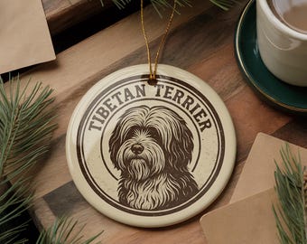 Tibetan Terrier Dog Ceramic Ornament – Circular Stamp Style Pet Art Keepsake – Rustic Holiday Decor for Dog Lovers
