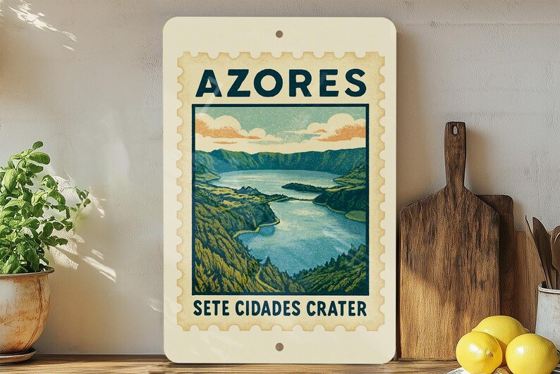 Azores Sete Cidades Crater Metal Sign – Vintage Stamp Style Wall Art ...