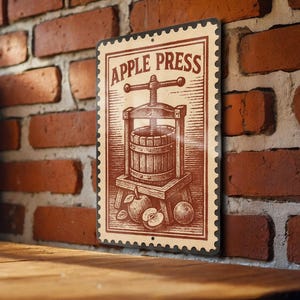Vintage Apple Press Metal Sign – Rustic Farmhouse Wall Art, Country Kitchen Decor, Stamp Style Apple Cider Print Sign