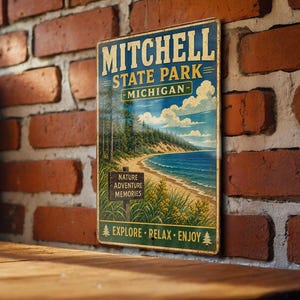 May include: A vintage-style metal sign for Mitchell State Park in Michigan. The sign features a scenic illustration of a beach, trees, and the text "EXPLORE • RELAX • ENJOY". The sign is mounted on a brick wall.