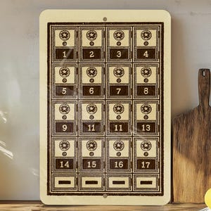 May include: A vintage-style mailbox sign with 20 numbered compartments. The sign is beige with dark brown detailing, including the numbers and decorative elements. The numbers range from 1 to 17, with some numbers repeated. The sign has a hole at the top for hanging.