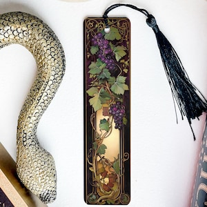 Verdant Vines Metal Bookmark, Grapes And Leaves Design, Deep Purple Bookmark, Golden Hue Bookmark, Unique Metal Bookmark