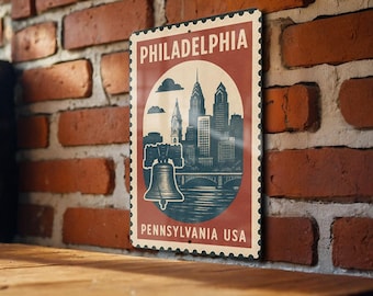 Philadelphia PA Stamp Style Metal Sign – Vintage City Skyline Wall Art, Retro Home Decor, Travel Souvenir for Office or Bar