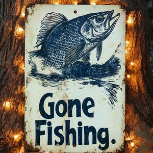 Vintage Style Tin Sign, Rustic Fish Silhouette, Gone Fishing Decor, Metal Wall Art, Fishing Cabin Sign, Retro Fishing Gift