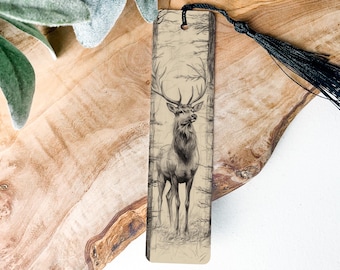 Majestic Forest Sentinel Metal Bookmark, Graphite Stag Design, Charcoal And Cream, Nature-Inspired Bookmark, Unique Gift Idea