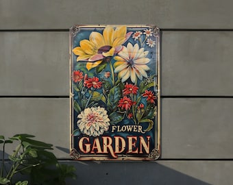 Rustic Flower Garden Metal Sign, Vintage Style, Elegant Font, Garden Frame, Flower Illustration