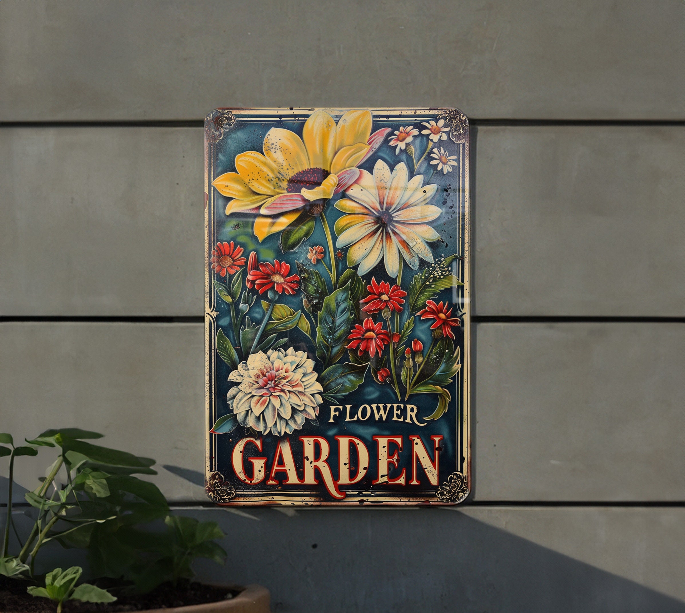 Rustic Flower Garden Metal Sign, Vintage Style, Elegant Font, Garden Frame, Flower Illustration