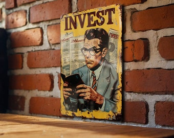 May include: A vintage-style metal sign with a yellow background and a man in a suit reading a newspaper. The sign says "INVEST" in large, bold letters.