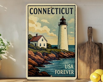 Connecticut Lighthouse Coastline Metal Sign – Vintage Stamp Style Wall Art for Beach House, Nautical Coastal Home Decor