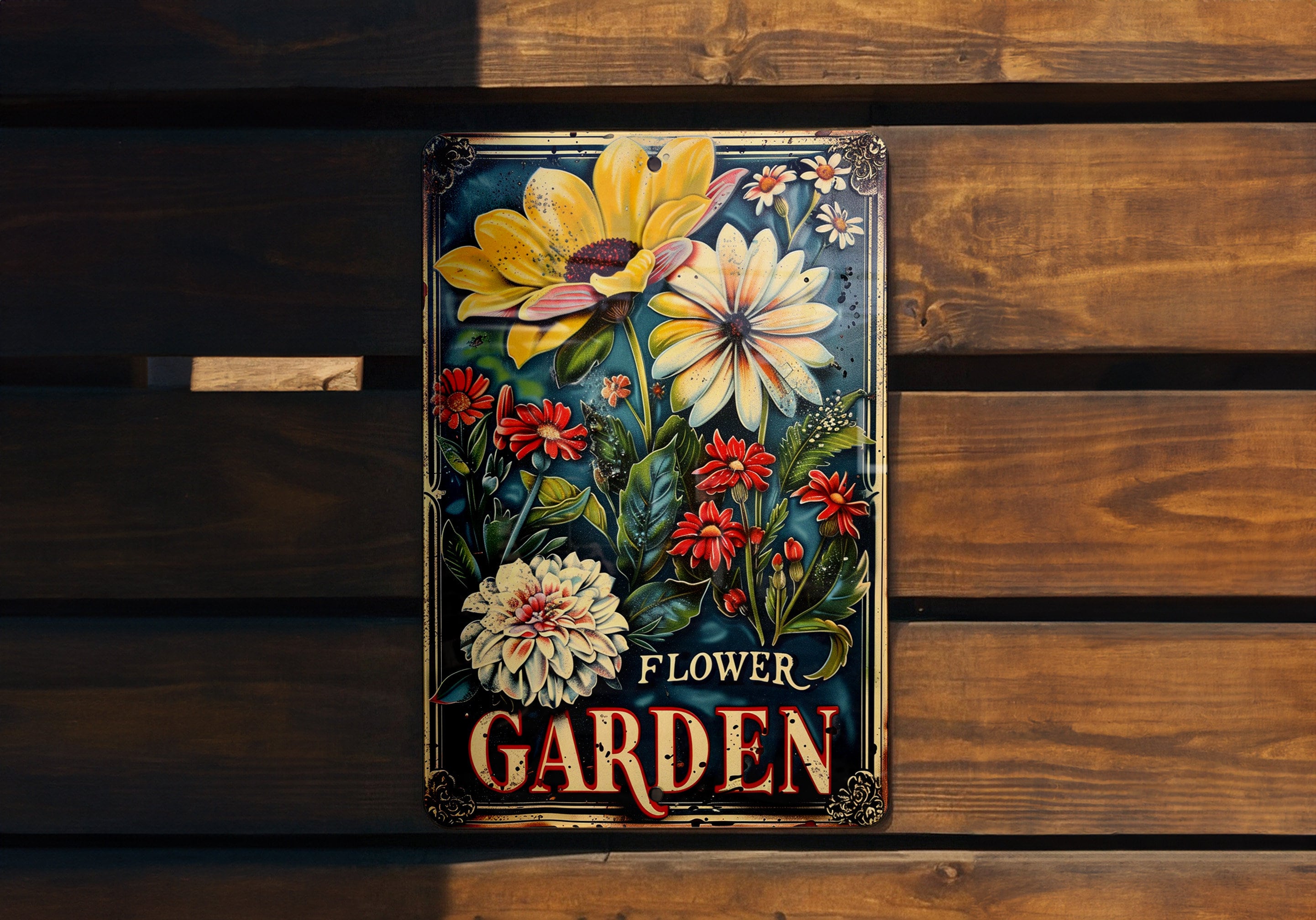 Rustic Flower Garden Metal Sign, Vintage Style, Elegant Font, Garden Frame, Flower Illustration