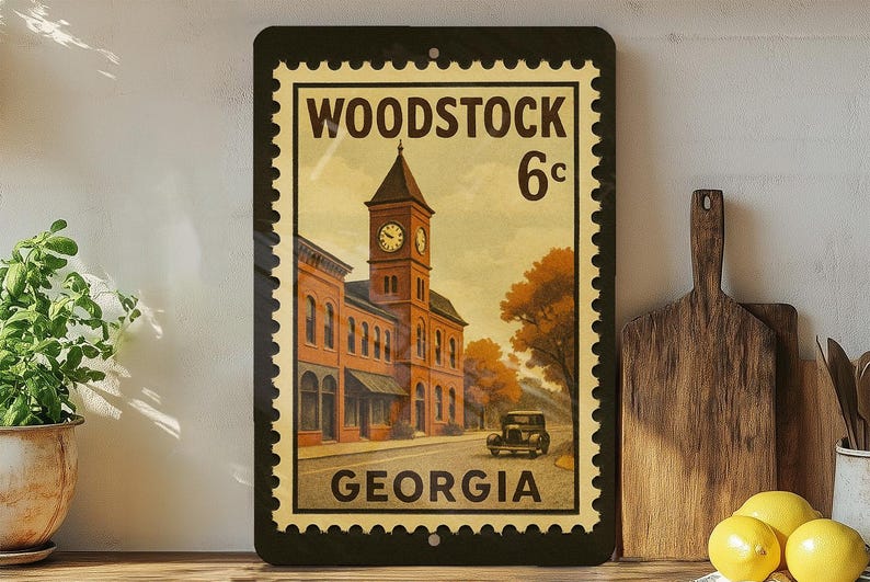 A framed vintage stamp depicting a building with a clock tower, placed on a shelf next to a wooden cutting board and some lemons.