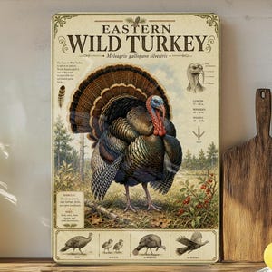 May include: A vintage-style poster titled "Eastern Wild Turkey" features a detailed illustration of a male turkey with its feathers fanned out. The poster includes scientific information, illustrations of the turkey's anatomy, and a forest backdrop.