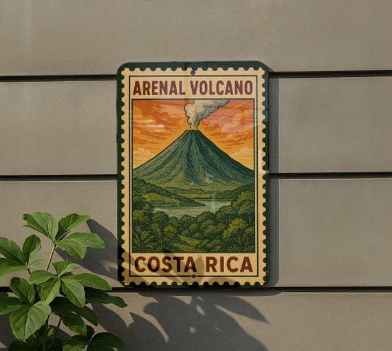 Arenal Volcano Costa Rica Metal Sign – Vintage Travel Stamp Style
