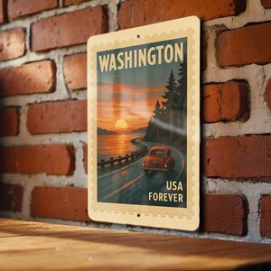 May include: A rectangular metal sign featuring a vintage travel poster design for Washington State. The artwork depicts a red car driving along a coastal road at sunset, with the text "WASHINGTON" and "USA FOREVER".