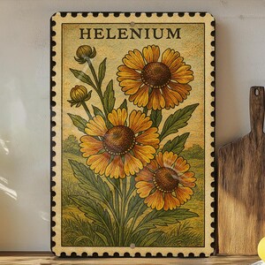May include: A vintage-style metal sign featuring a botanical illustration of Helenium flowers. The sign has a postage stamp design with the word "HELENIUM" at the top. The flowers are yellow and orange with green leaves, set against a green and tan background.