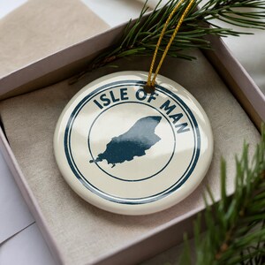 Isle of Man Ceramic Ornament – Circular Stamp Style Art, Handmade Travel Keepsake, British Island Souvenir Gift