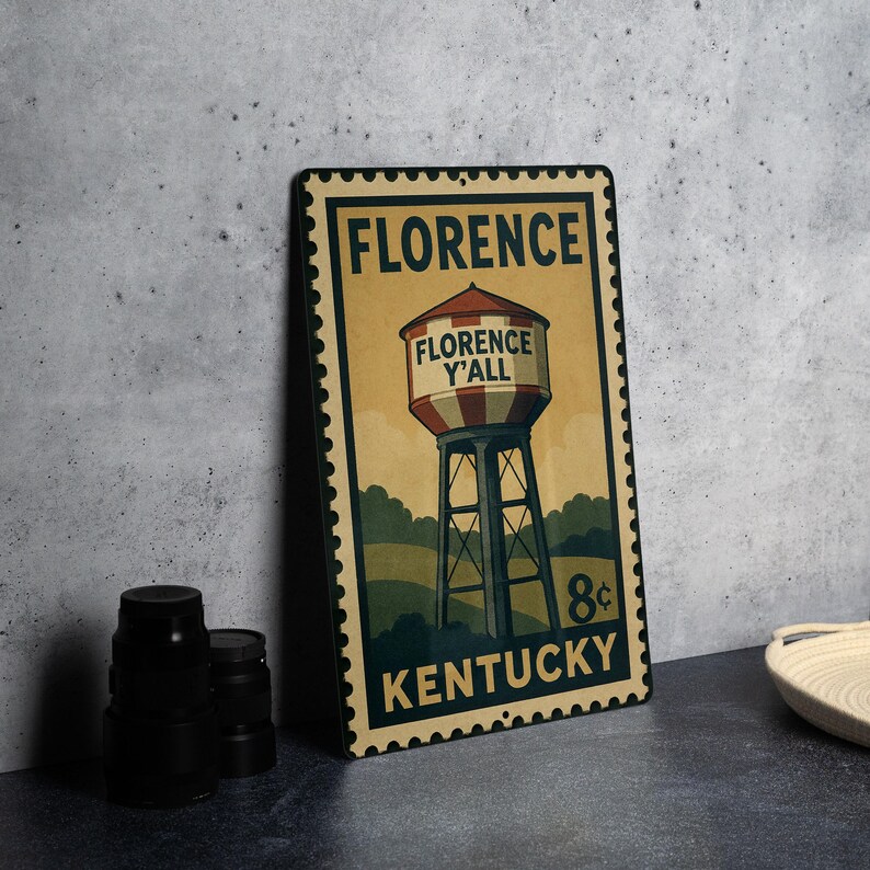 A vintage-style metal sign with the text "FLORENCE Y'ALL KENTUCKY" and an illustration of a water tower, placed on a gray countertop next to some black camera lenses.