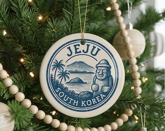 Jeju South Korea Ceramic Ornament – Circular Stamp Style Travel Souvenir, Korean Island Keepsake, Rustic Holiday Decor
