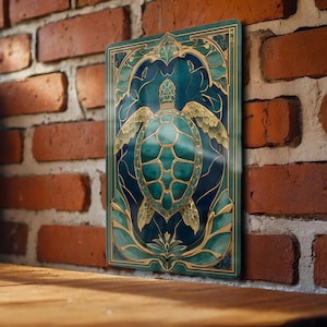 May include: A rectangular wall art piece featuring a detailed illustration of a sea turtle. The artwork has a teal and gold color scheme, with ornate floral and geometric designs. The background is a deep blue.