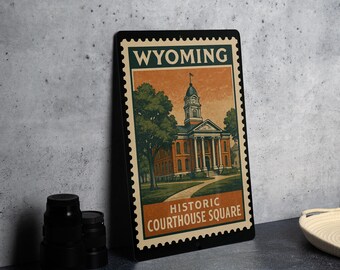 Wyoming Historic Courthouse Square Metal Sign – Vintage Stamp Style Wall Art for Home, Office, or Rustic Decor