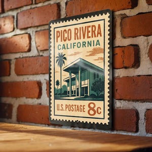 May include: A vintage-style metal sign featuring a design reminiscent of a postage stamp. The sign reads "Pico Rivera California" with an illustration of a building and palm trees. The text "U.S. Postage 8c" is also included.