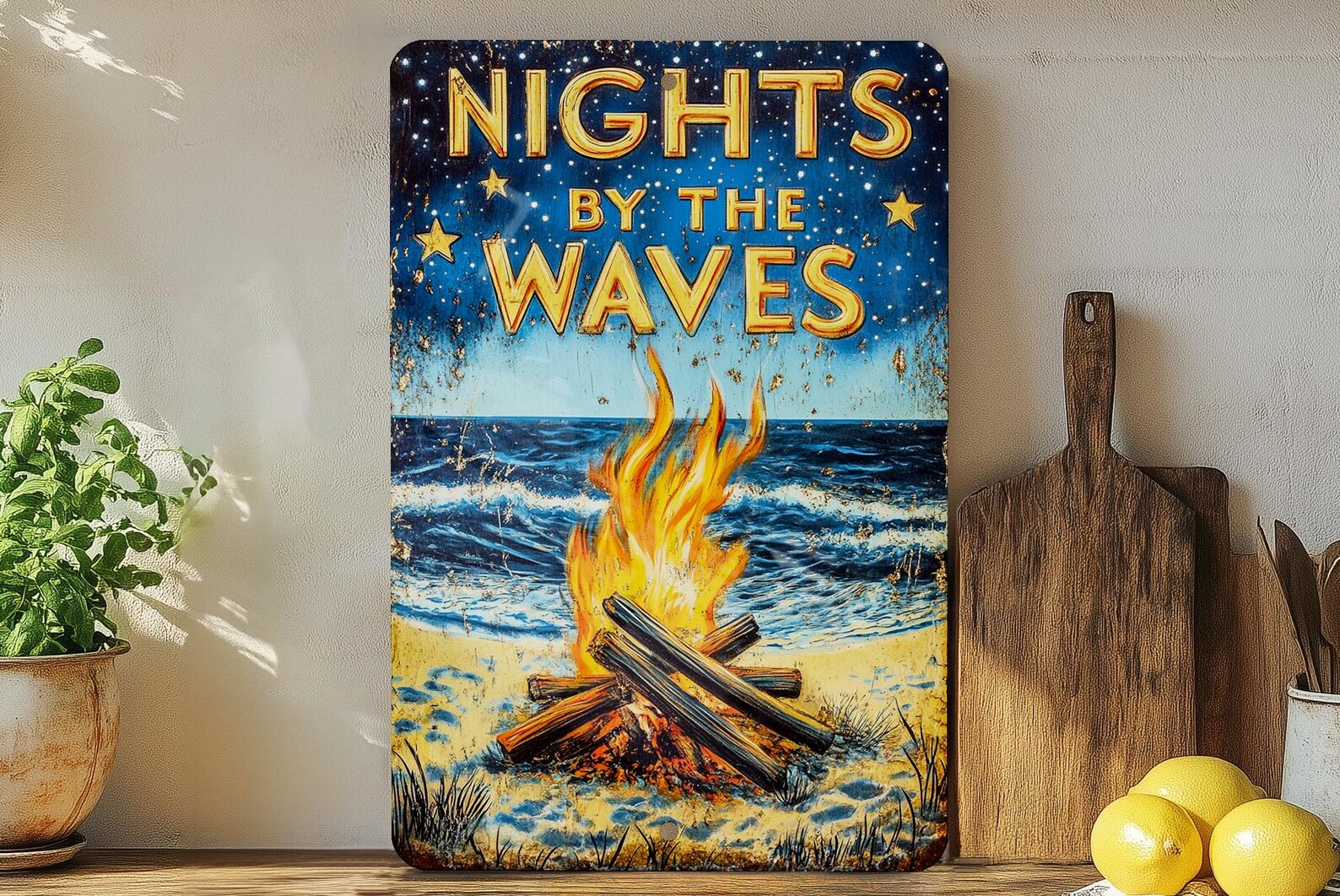 Vintage Style Tin Sign, Beach Bonfire, Campfire Under Starry Sky ...