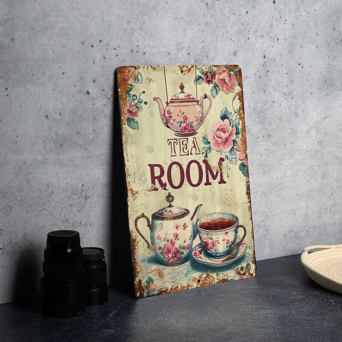 Vintage Tea Room Metal Sign: Victorian, Teapot and Cups, Soft Tones ...