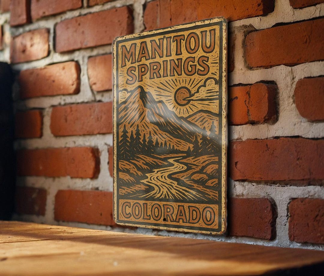 Manitou Sign Vintage Manitou Springs Tin Sign – Folk Art Woodcut Style Metal Wall ...